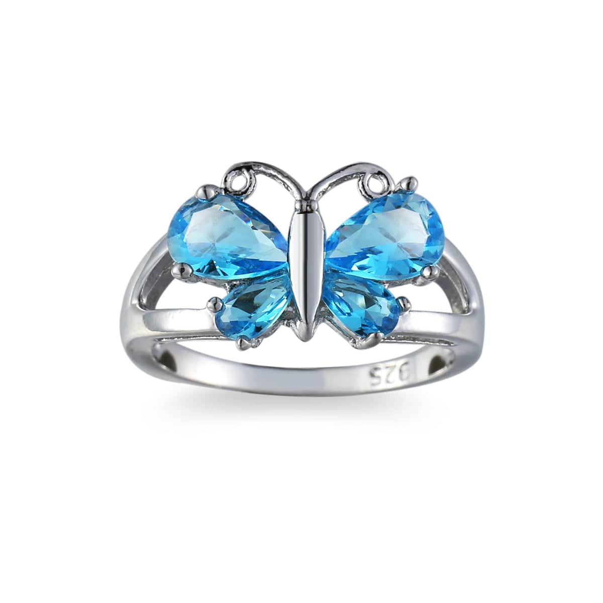Sea Blue Crystal & Silvertone Butterfly Ring-3