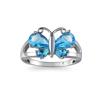 Sea Blue Crystal & Silvertone Butterfly Ring-3