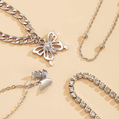 Cubic Zirconia & Silvertone Butterfly Charm Anklet Set