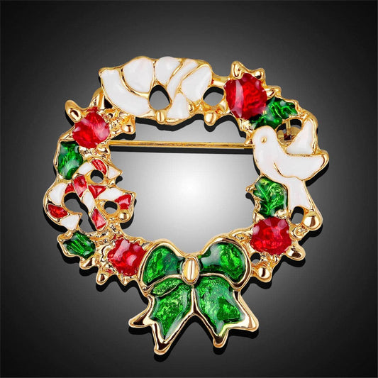 Red & Goldtone Floral Bow Wreath Brooch