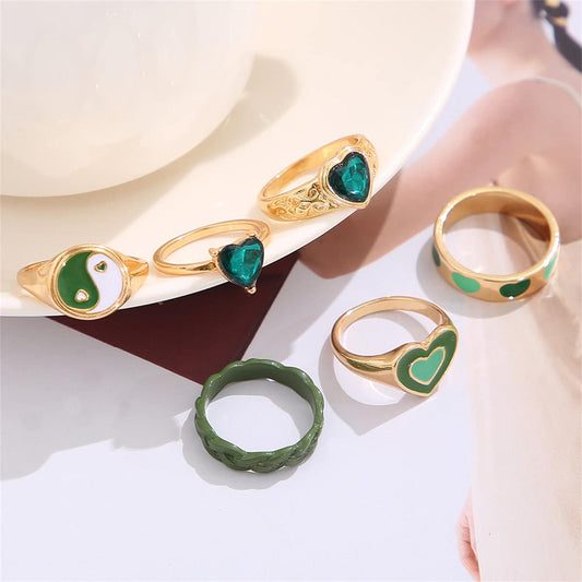 Green Crystal & Enamel Goldtone Yin Yang Heart Ring Set