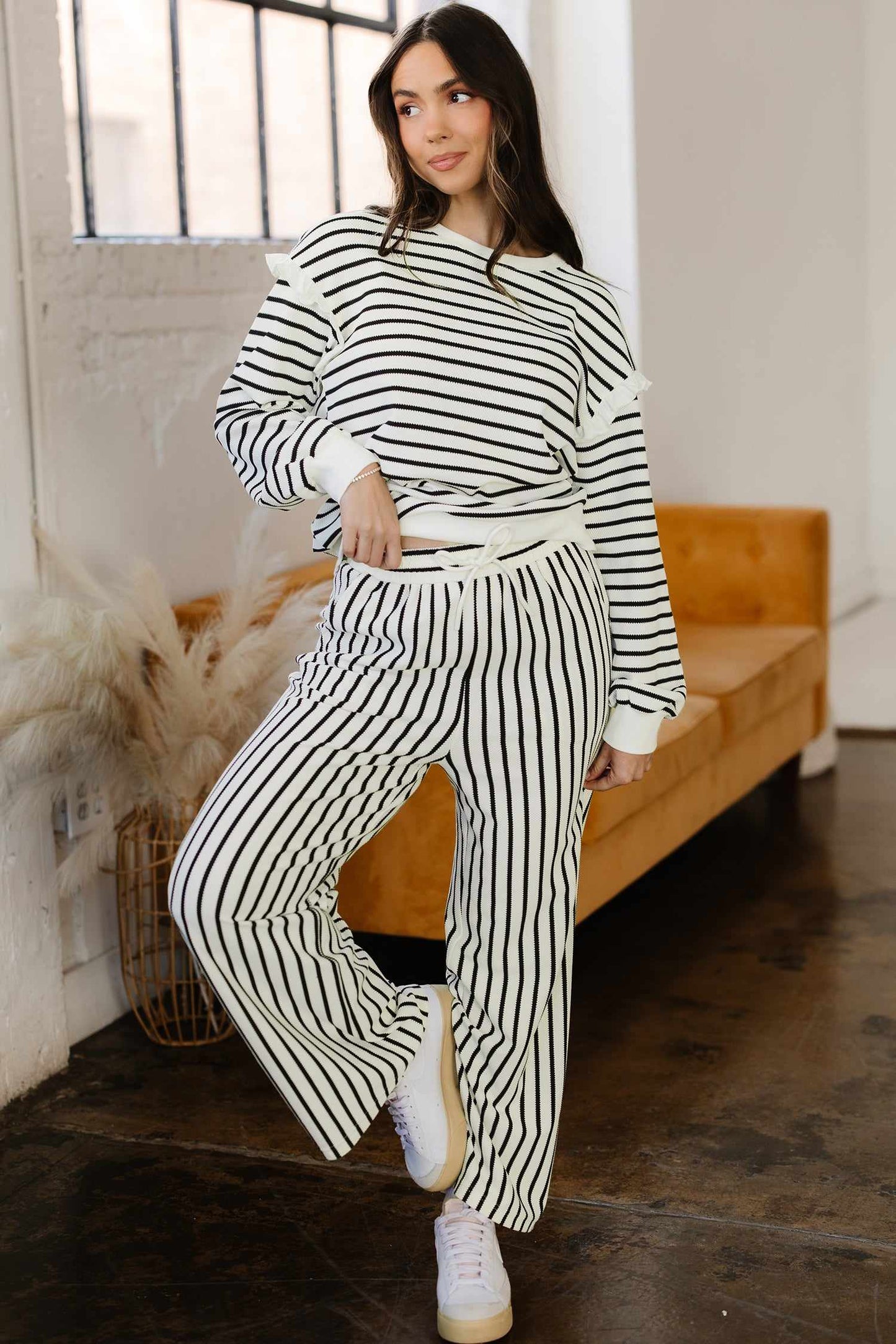 Stella Trim Drop Shoulder Lounge Set - White Stripe / L - 12/14