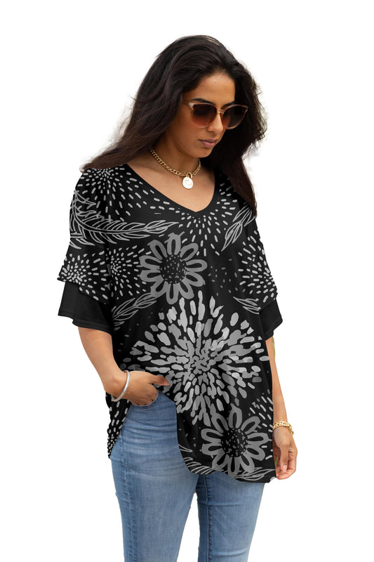 Black Grey Floral Print-