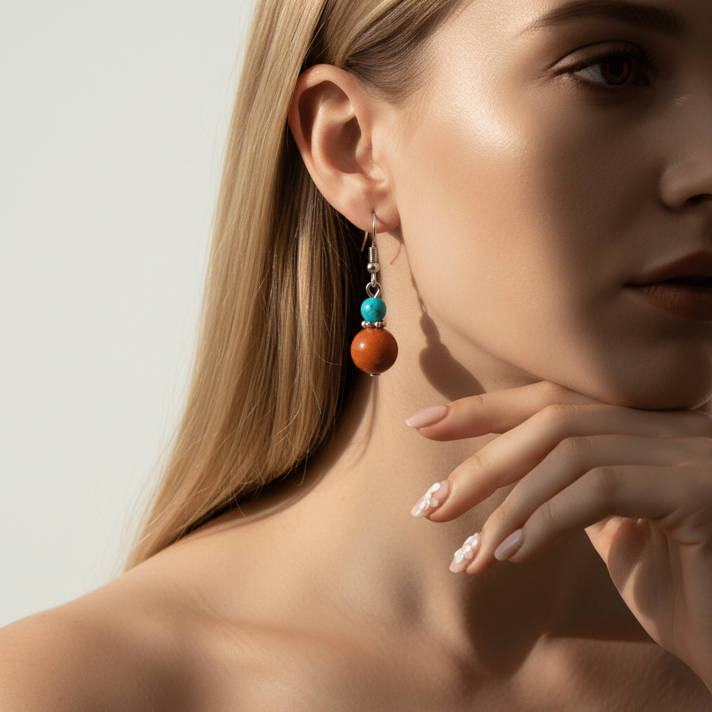 Brown Jade & Turqouise Silvertone ‌Gourd-Shape Hook Earrings