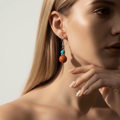 Brown Jade & Turqouise Silvertone ‌Gourd-Shape Hook Earrings