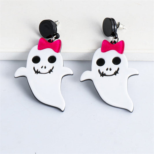 White Acrylic & Silvertone Bow Ghost Drop Earrings