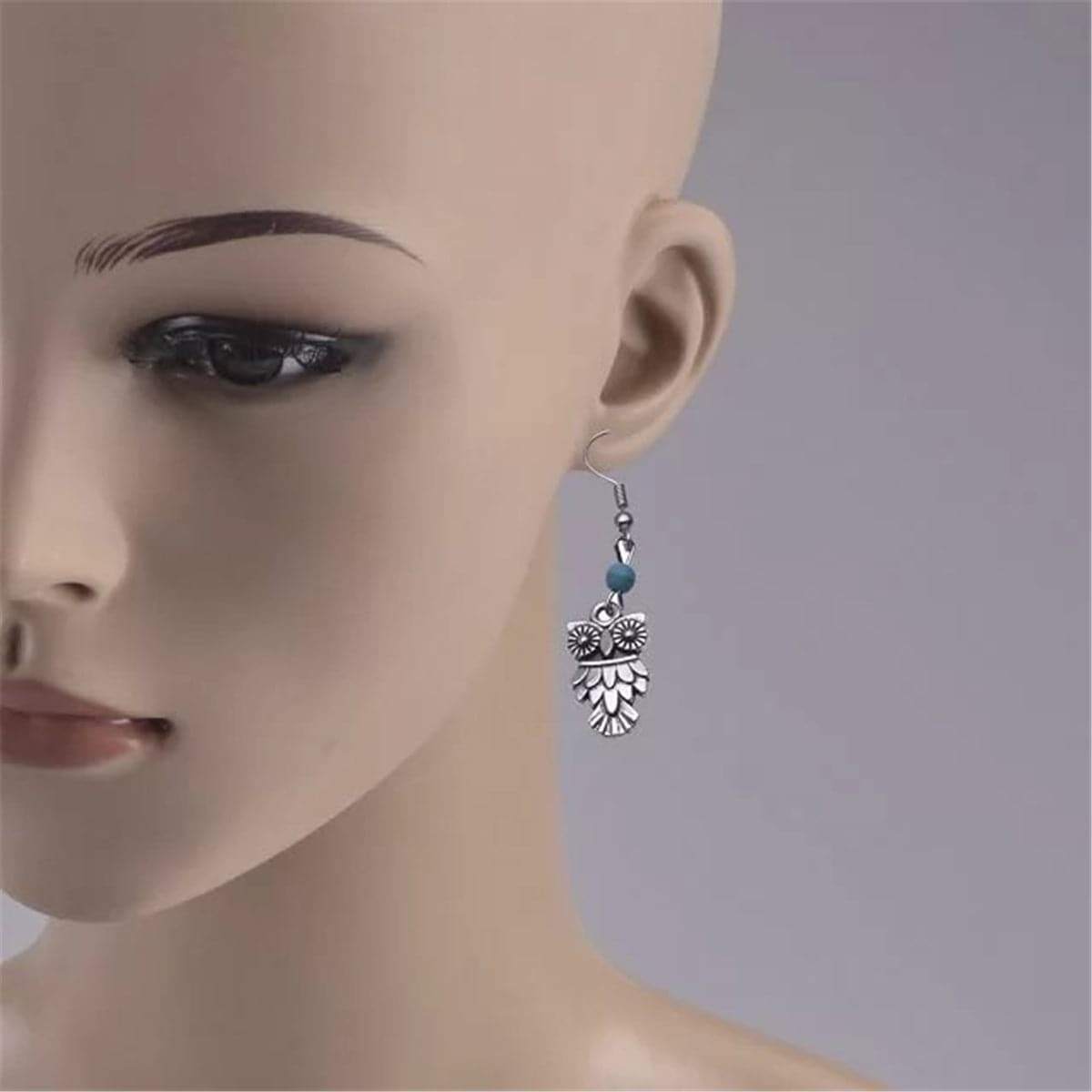 Turquoise & Silvertone Owl Drop Earrings