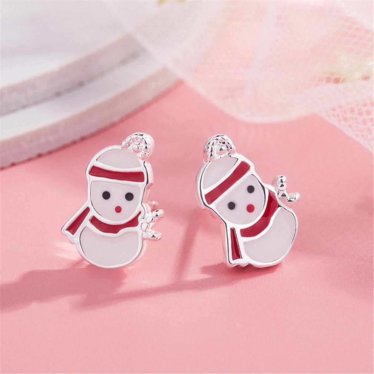 Enamel & Silvertone Snowman Stud Earrings