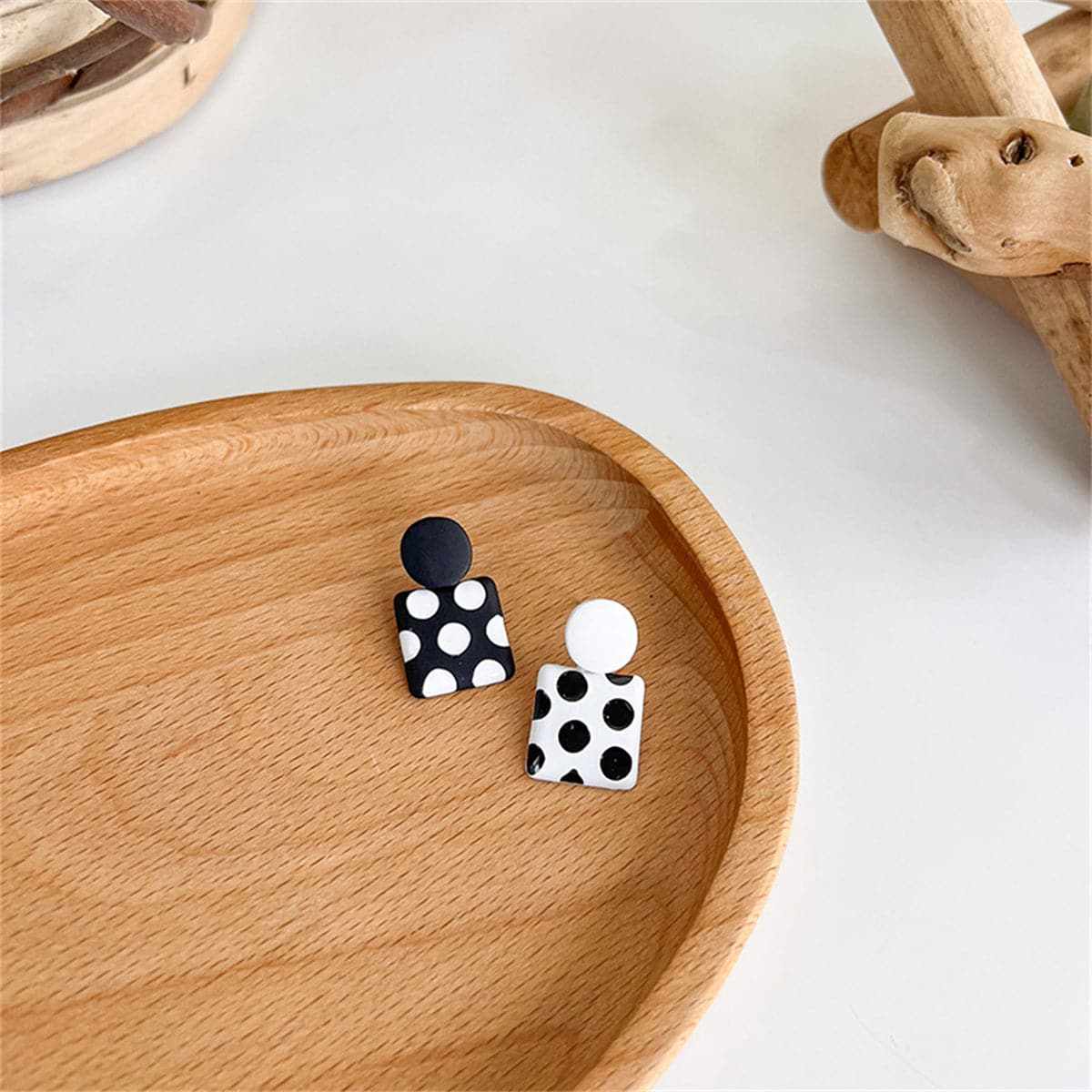 Black Enamel & Silvertone Spot Square Drop Earrings