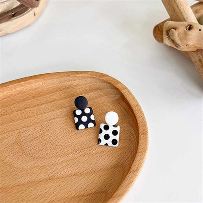 Black Enamel & Silvertone Spot Square Drop Earrings