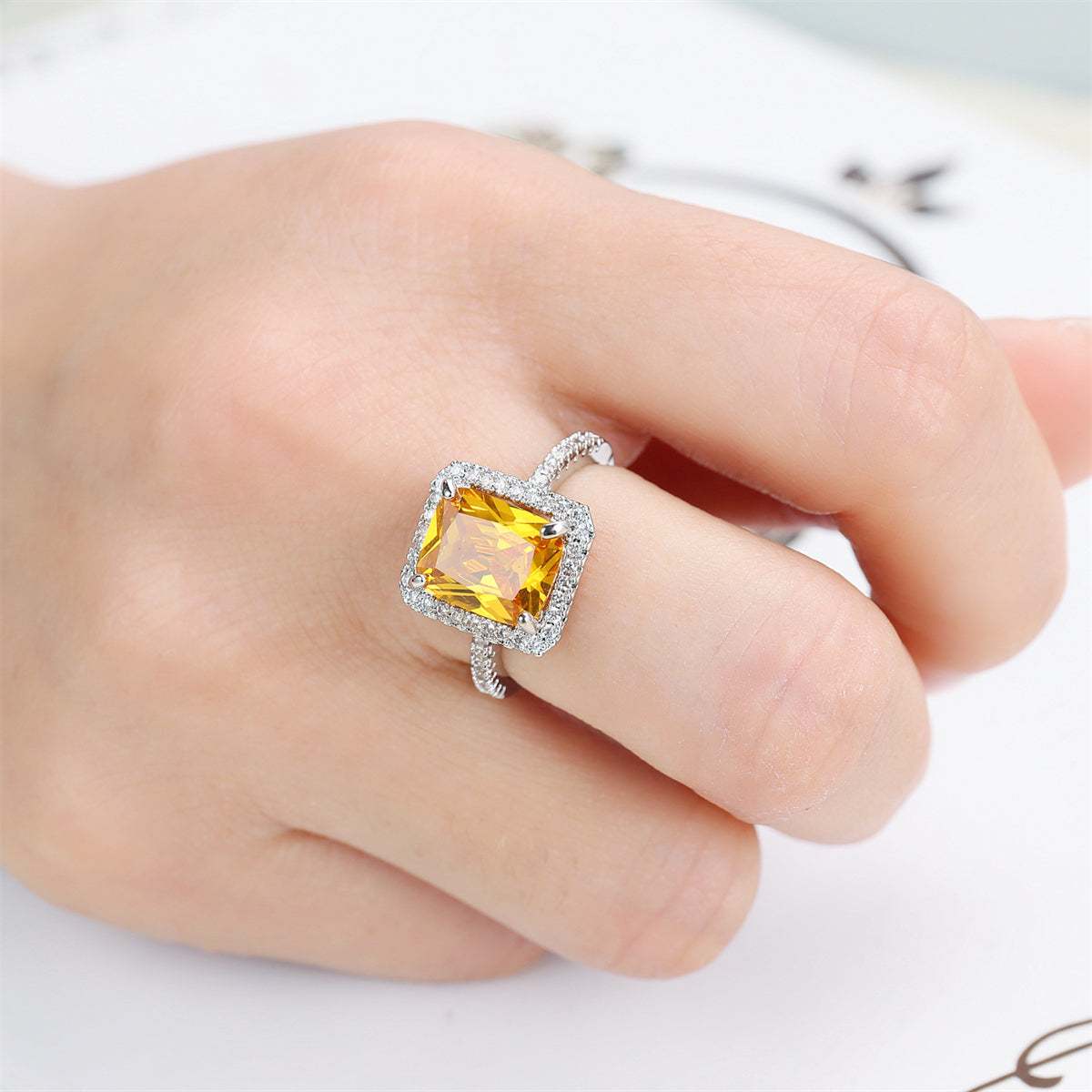 Yellow Crystal & Cubic Zirconia Silvertone Princess Cut Ring