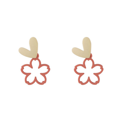 Pink Enamel & Goldtone Heart Flower Drop Earrings