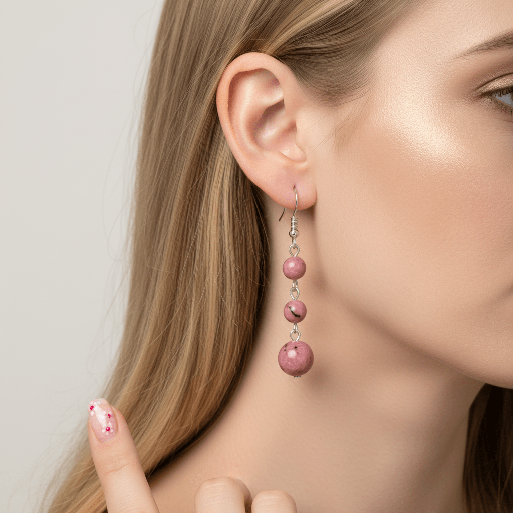 Red Jade & Silvertone Tiered Ball Hook Earrings