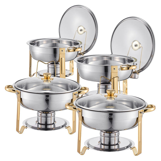 VEVOR 5 Qt 4 Pack Round Chafing Dish Buffet Set Full-Size Pan Stainless Steel Gold - Silver 2