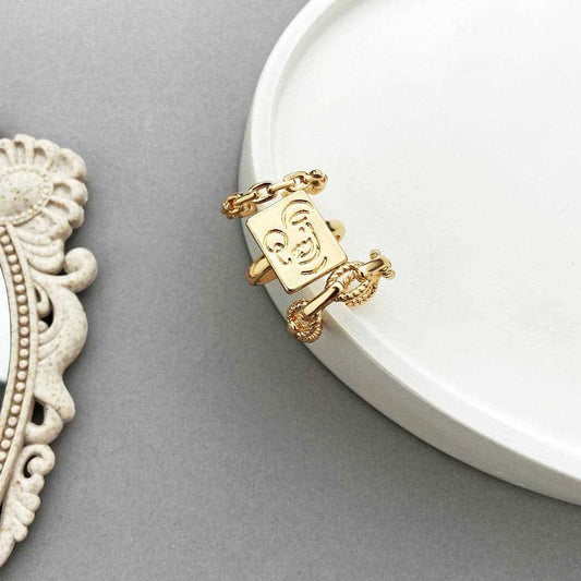 Goldtone Abstract Face Cable Chain Open Ring Set