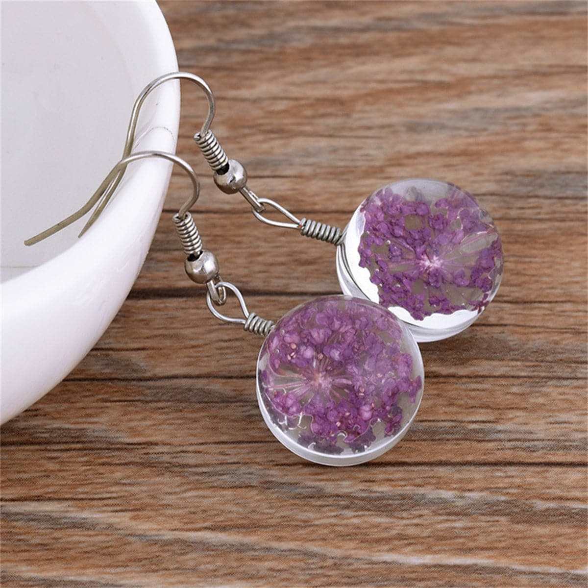 Purple Gypsophila & Silvertone Drop Earrings