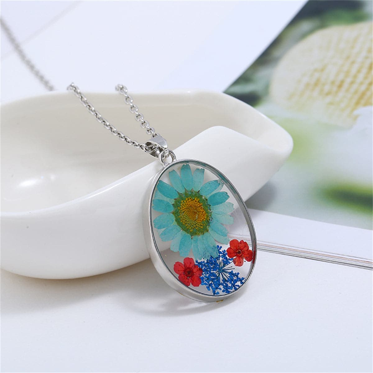Blue & Red Pressed Flower Oval Pendant Necklace