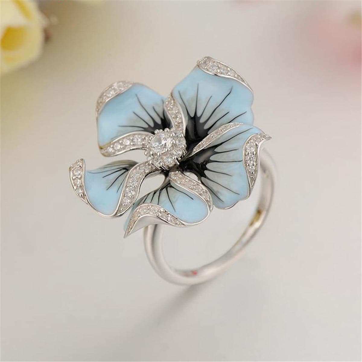 Blue Cubic Zirconia & Silvertone Flower Ring