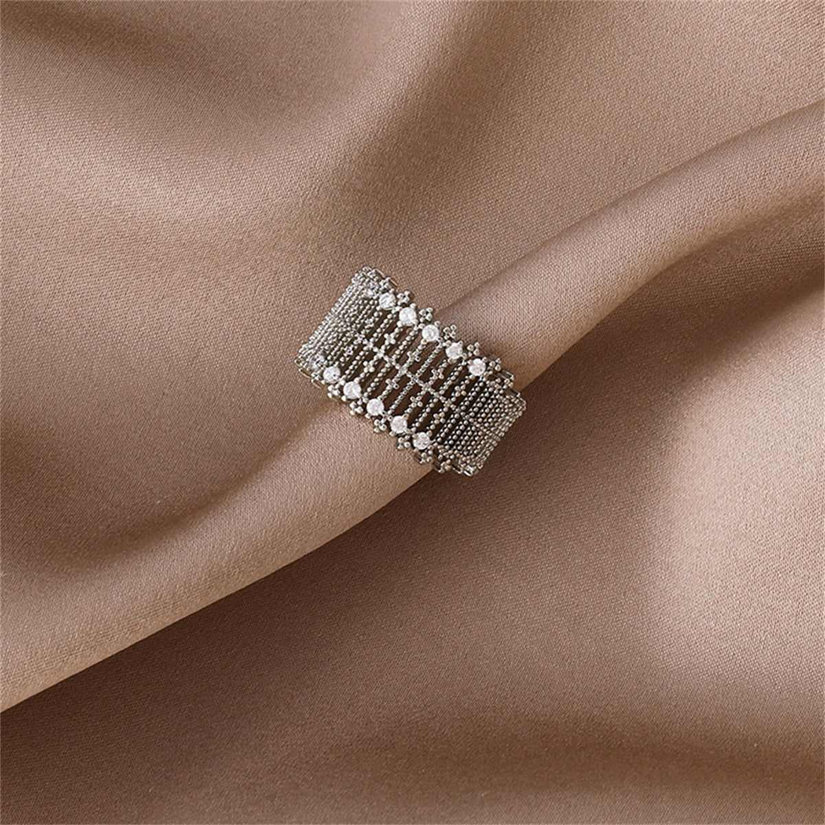 Cubic Zirconia & Silvertone Line Adjustable Ring