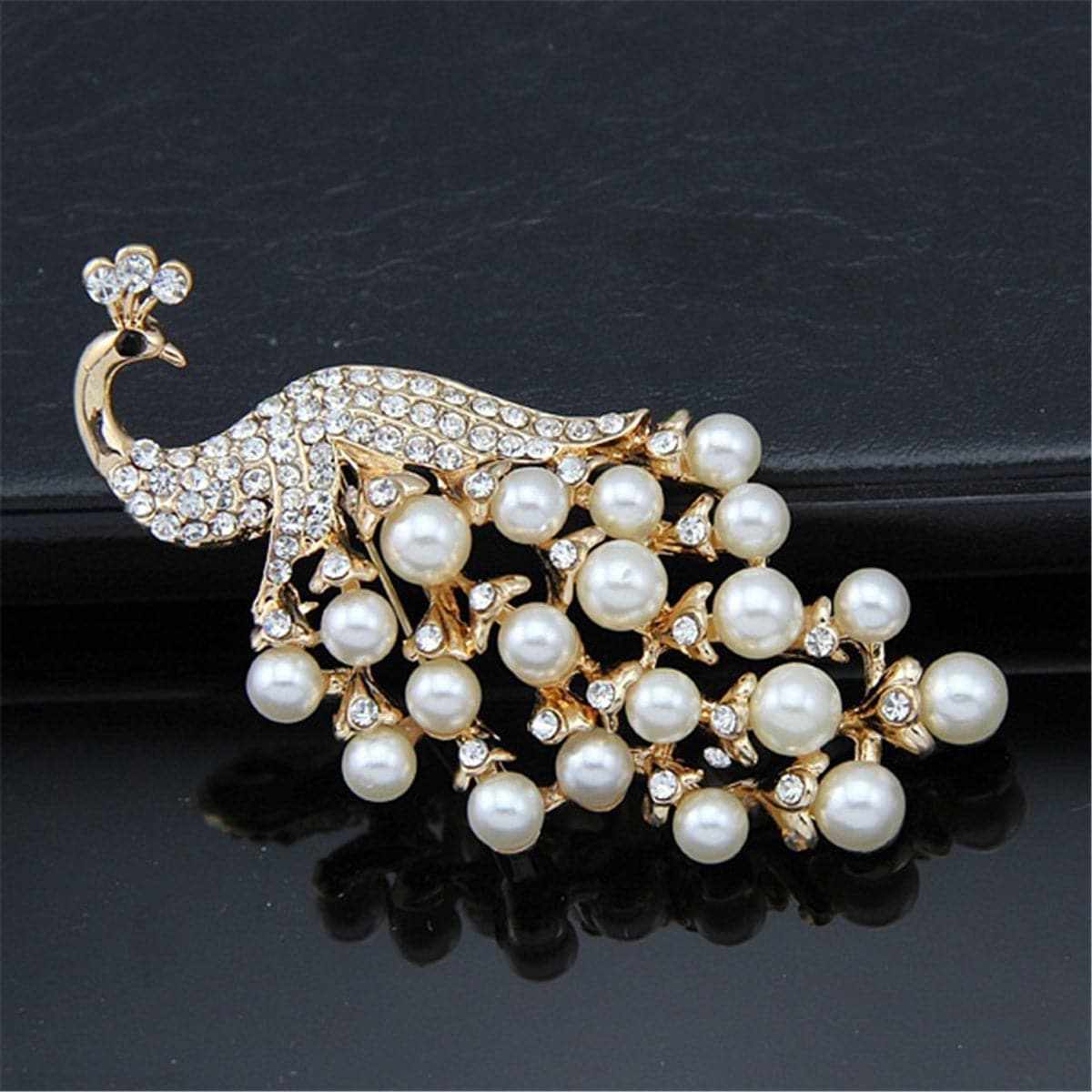 Pearl & Goldtone Peacock Pavé-Set Brooch