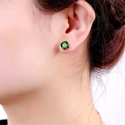 Green Crystal & Rose Goldtone Square Stud Earrings