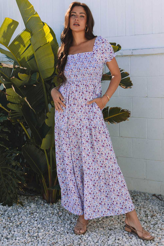 Threaded Pear Lacey Floral Short Bubble Sleeve Maxi Dress