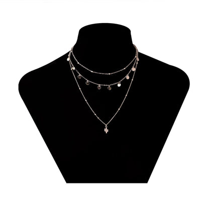 Silvertone Sequins Cactus Pendant Layered Necklace