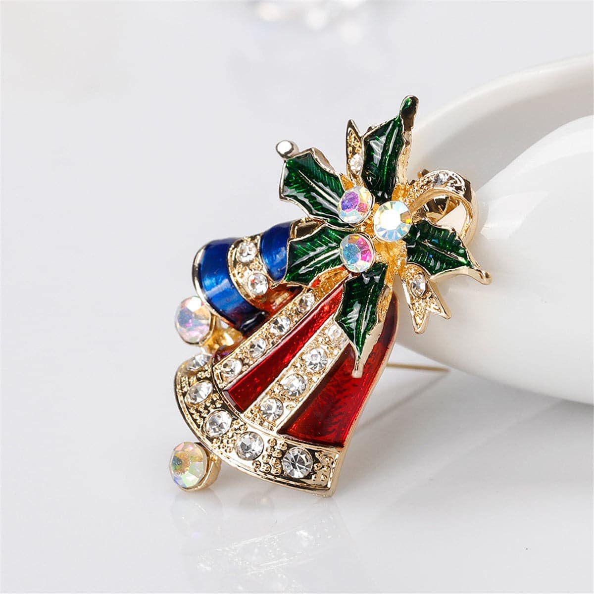 Cubic Zirconia & Goldtone Stripe Dual Bell Brooch