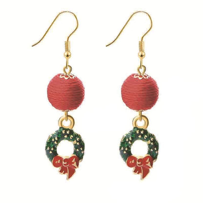 Red Polyster & Green Enamel Wreath Ball Drop Earrings