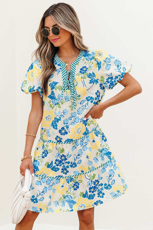 Threaded Pear Payton Floral Striped Trim Puff Short Sleeve Dress