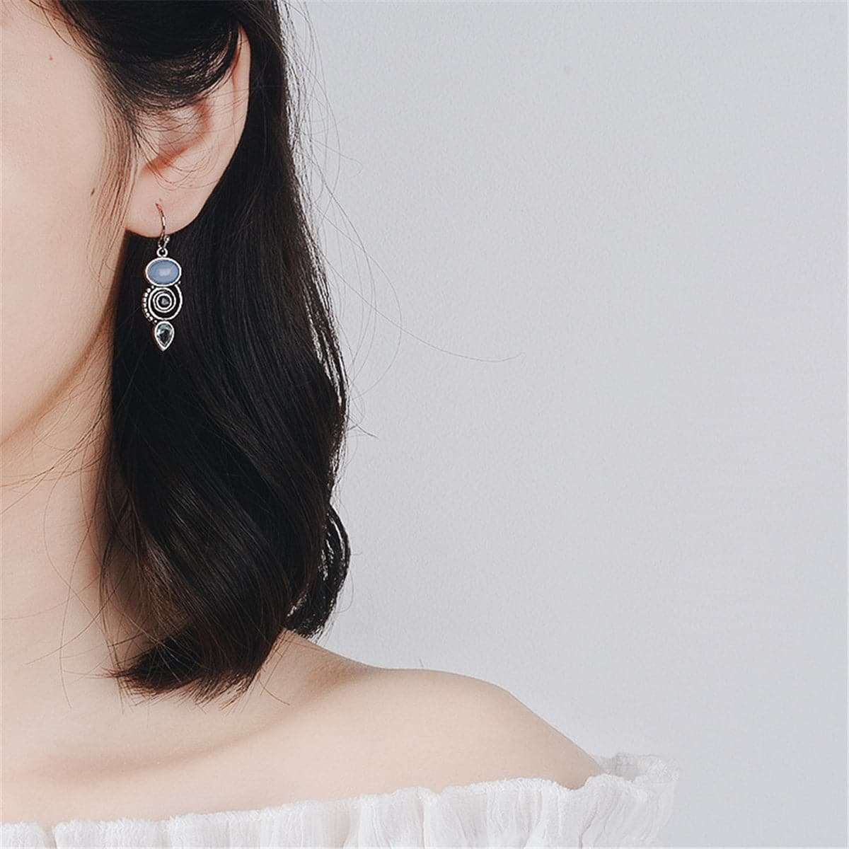 Blue Moonstone & Crystal Silvertone Swirl Drop Earrings