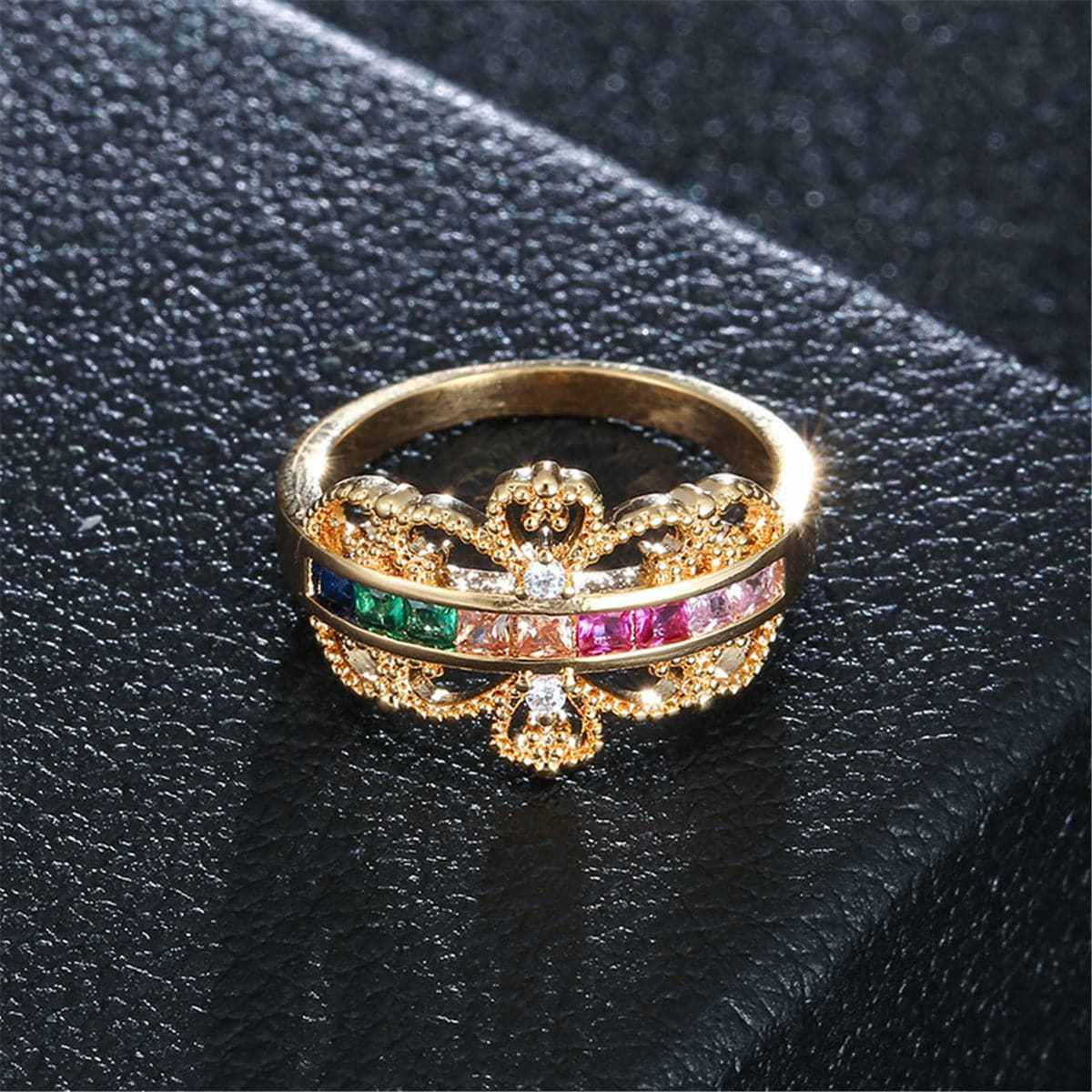 Rainbow Crystal & Cubic Zirconia Crown Ring-8