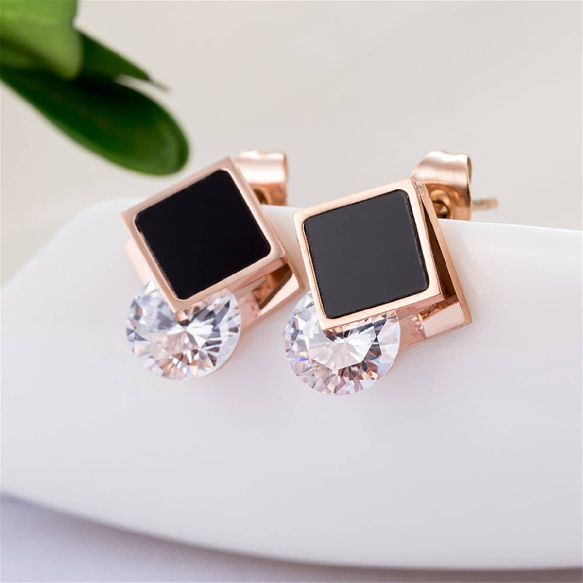 Black & Cubic Zirconia Rhombus Stud Earrings