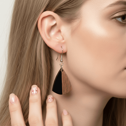 Black Resin & Wood Silvertone Shield Hook Earrings