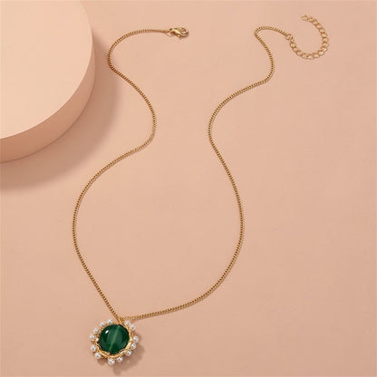 Green Crystal & Pearl Goldtone Flower Pendant Necklace