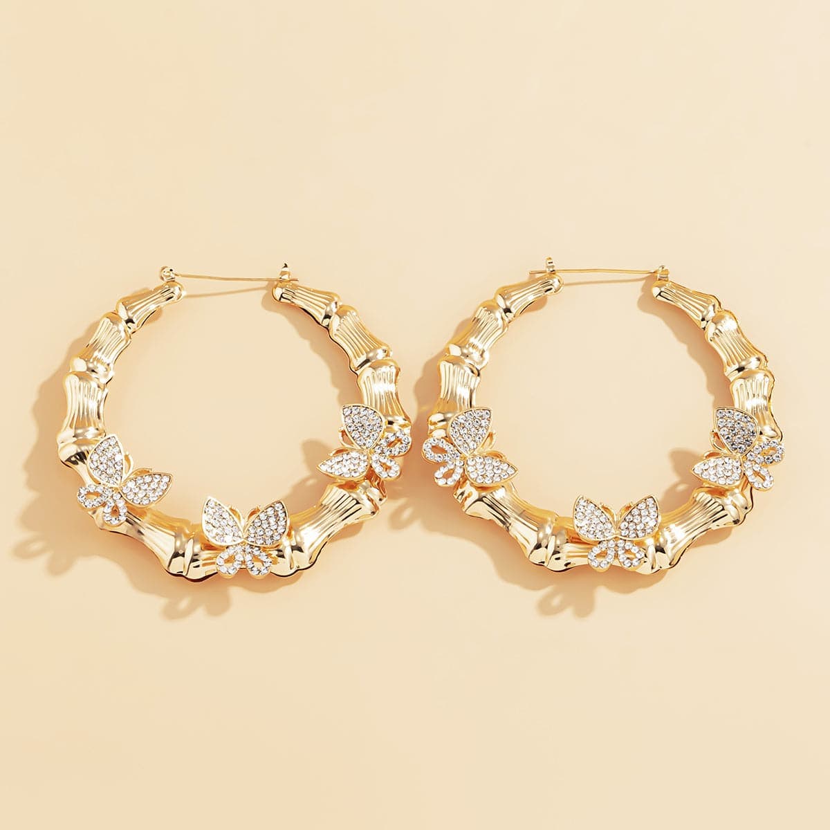 Cubic Zirconia & Goldtone Butterfly Bamboo Hoop Earrings