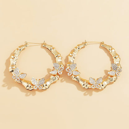 Cubic Zirconia & Goldtone Butterfly Bamboo Hoop Earrings