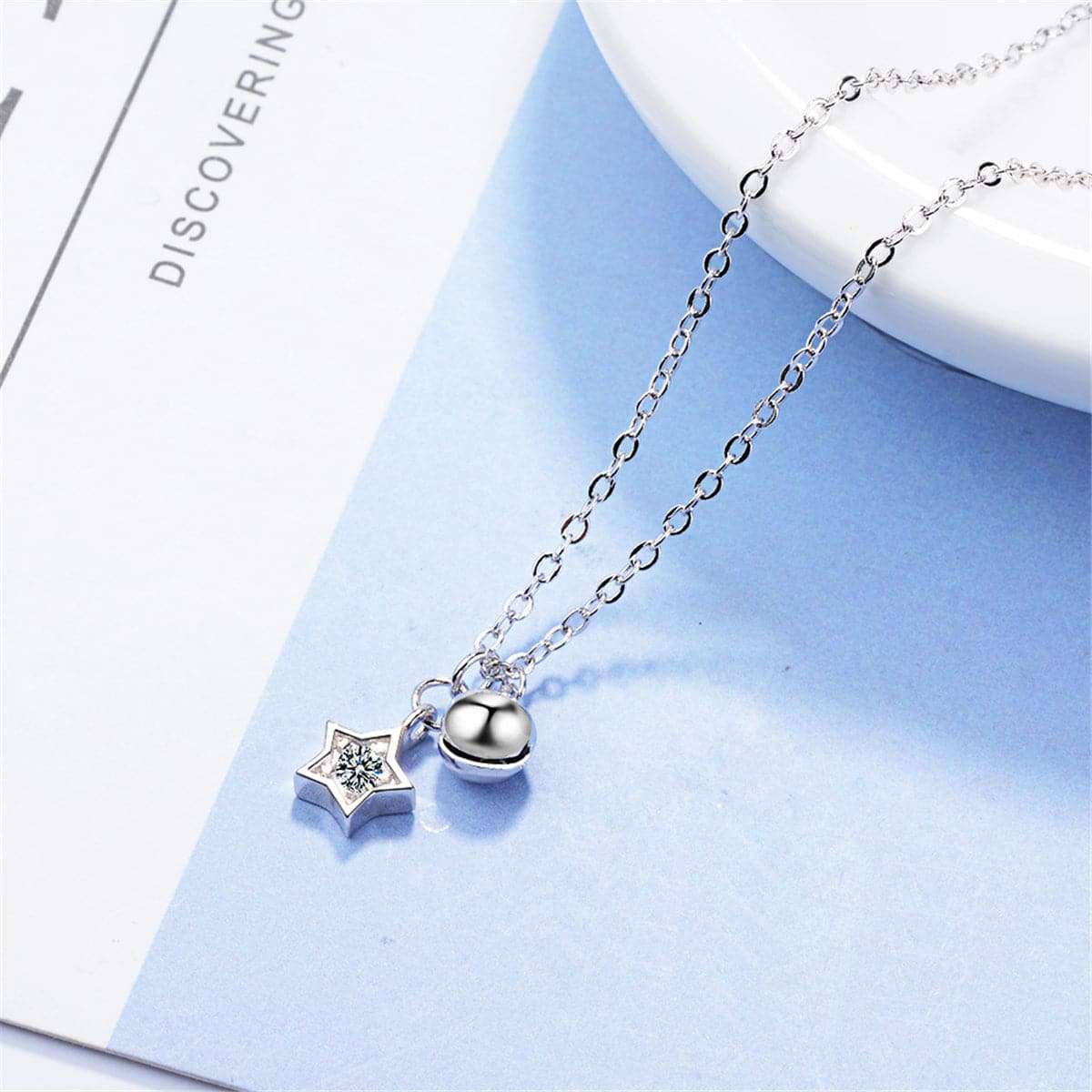Cubic Zirconia & Silvertone Star & Bead Pendant Necklace