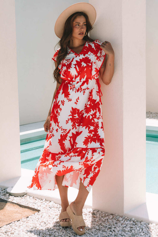 Threaded Pear Scarlett Floral Trimmed V Neck Ruffle Sleeve Long Dress
