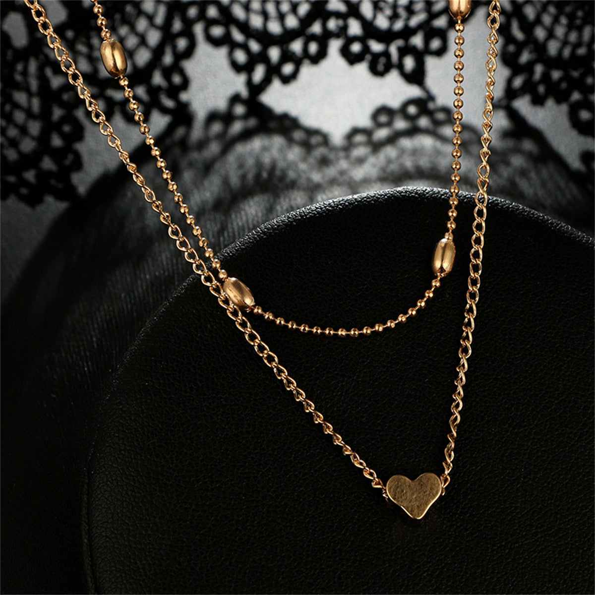 Goldtone Heart Ball Chain Layered Pendant Necklace