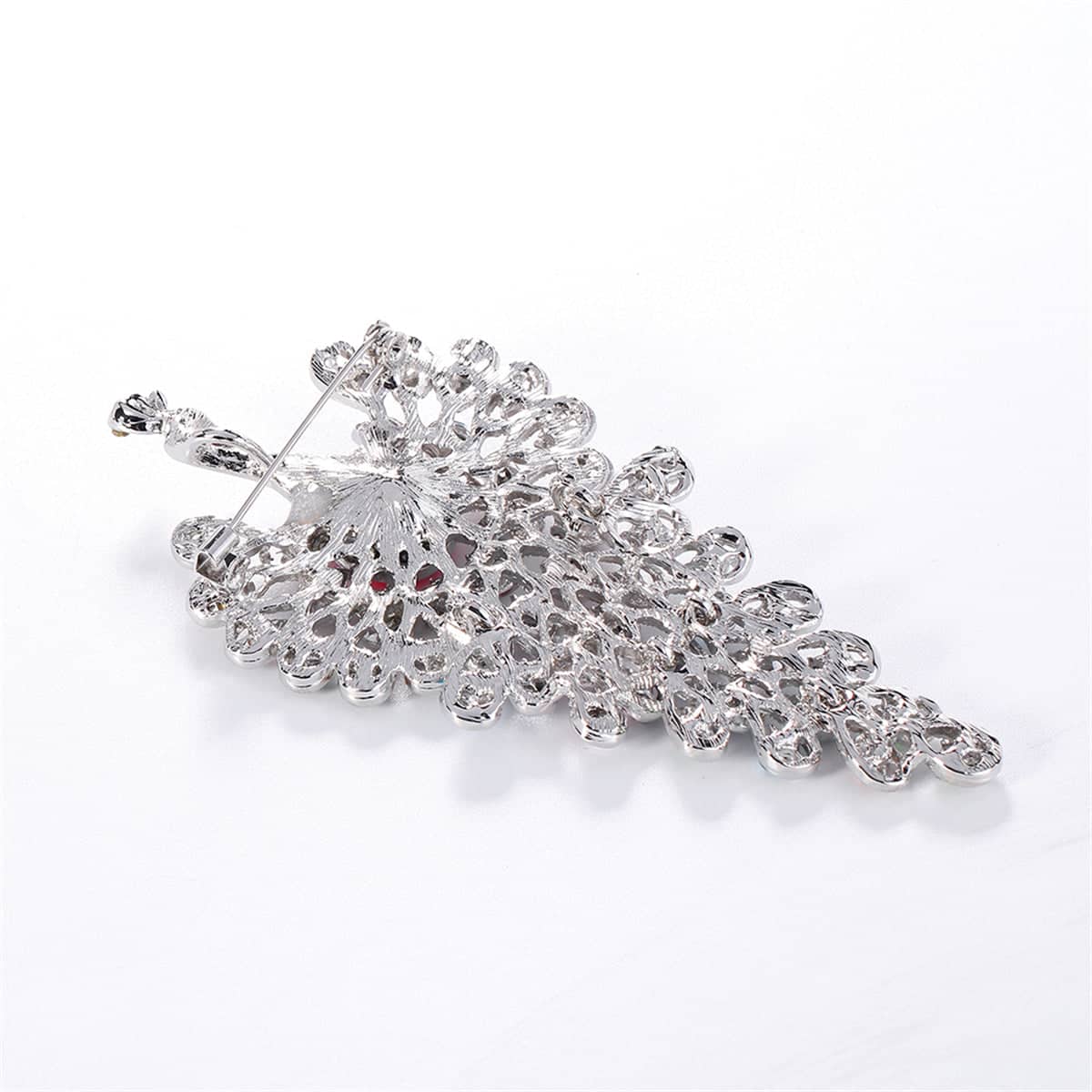 Pink & Multicolor Cubic Zirconia & Silvertone Peacock Brooch