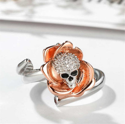 Silvertone & Rose Goldtone Skull Rose Adjustable Ring