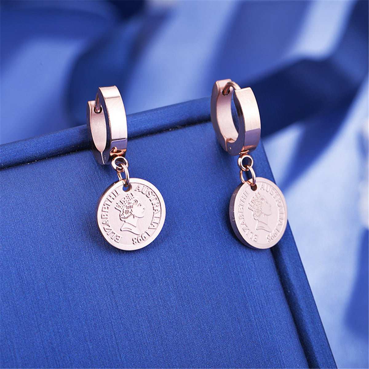 Rose Goldtone Queen Coin Hoop Earring
