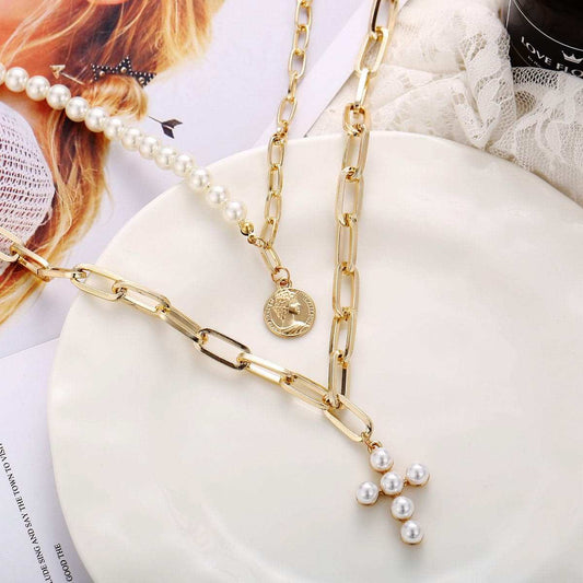 Pearl & Goldtone Cross Layered Pendant Necklace