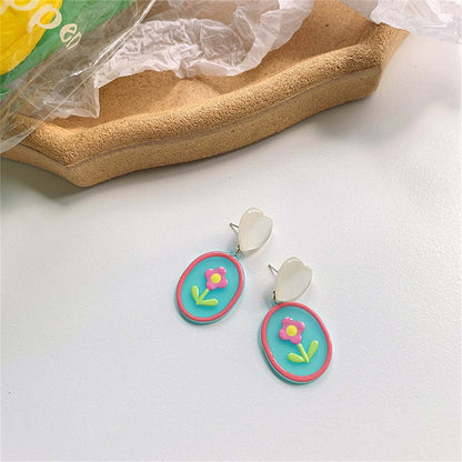 Pink Acrylic & Cat's Eye Silvertone Heart Flower Drop Earrings