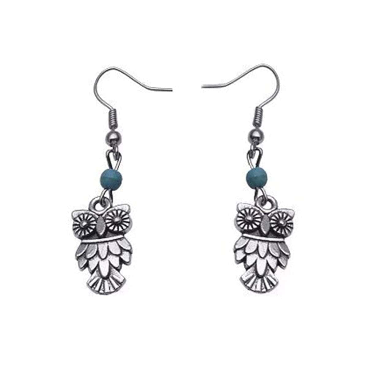 Turquoise & Silvertone Owl Drop Earrings