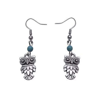 Turquoise & Silvertone Owl Drop Earrings