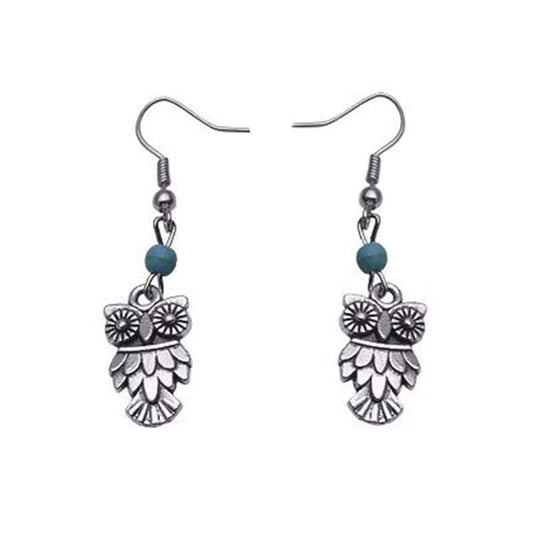 Turquoise & Silvertone Owl Drop Earrings