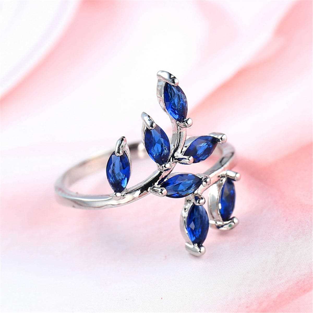 Navy Crystal & Silvertone Leaves Promise Ring