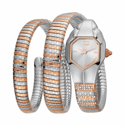 Just CAVALLI Women Watch, Silver Color Case, Silver Dial, Two Tone Silver & Rose Gold Color Stainless Steel Metal Bracelet, 2 Hands, 3 Atm